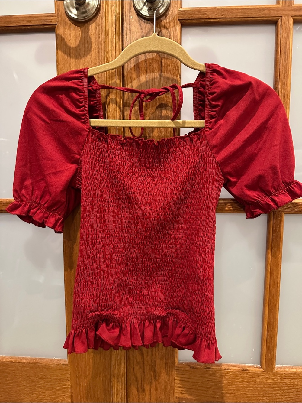 Smocked Puff-Sleeve Women's Top in Red